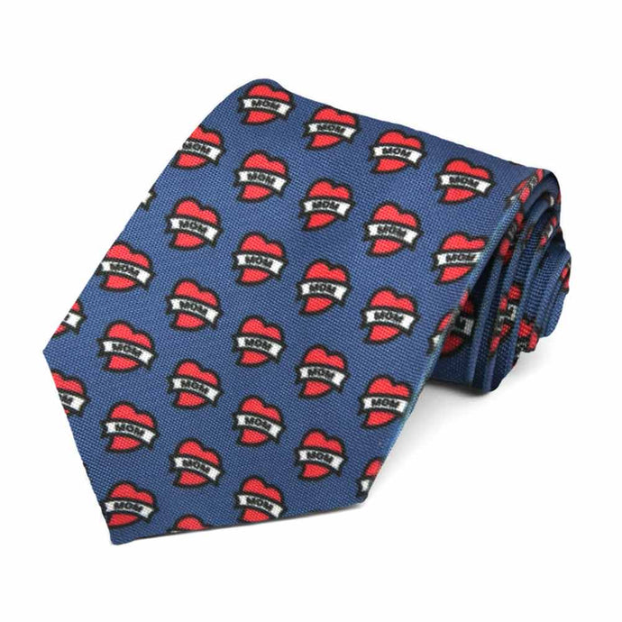 A blue tie with a mom tattoo heart novelty design, rolled to show off the pattern