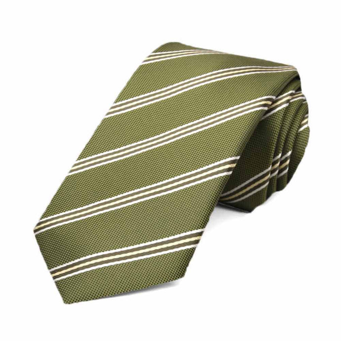 Slim moss green and white pencil striped necktie, rolled to show texture of fabric