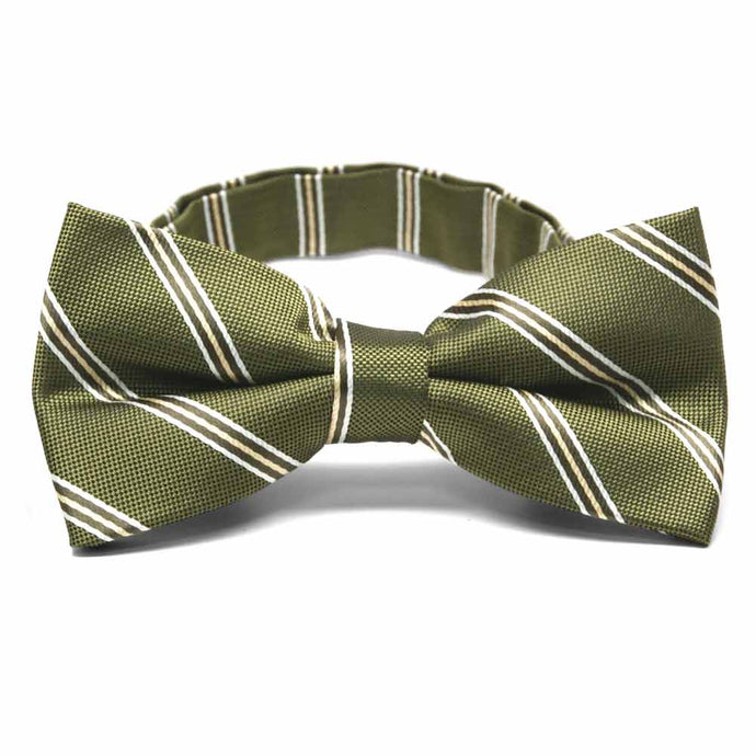 Moss green and white striped bow tie, close up front view to show texture of fabric