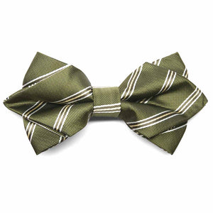 Moss green and white striped diamond tip bow tie, close up view to show texture of fabric