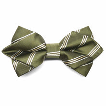 Load image into Gallery viewer, Moss green and white striped diamond tip bow tie, close up view to show texture of fabric