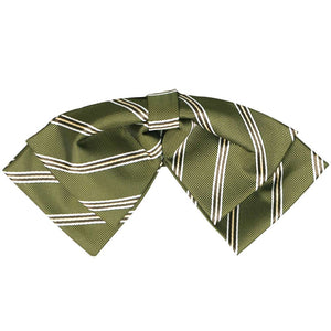 Moss green and white pencil striped floppy bow tie, front view 