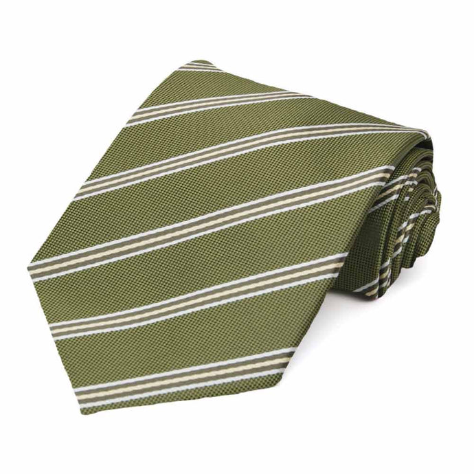 Moss green and white pencil striped necktie, rolled to show texture of fabric
