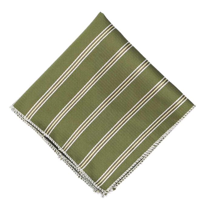Moss green and white pencil striped pocket square, flat front view