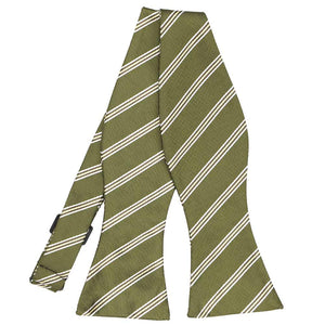 Moss green and white striped self-tie bow tie, untied front view