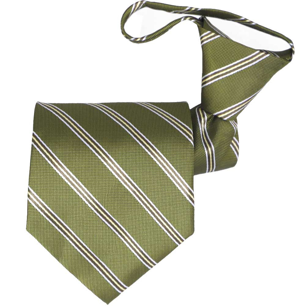 Moss green and white pencil striped zipper tie, folded front view