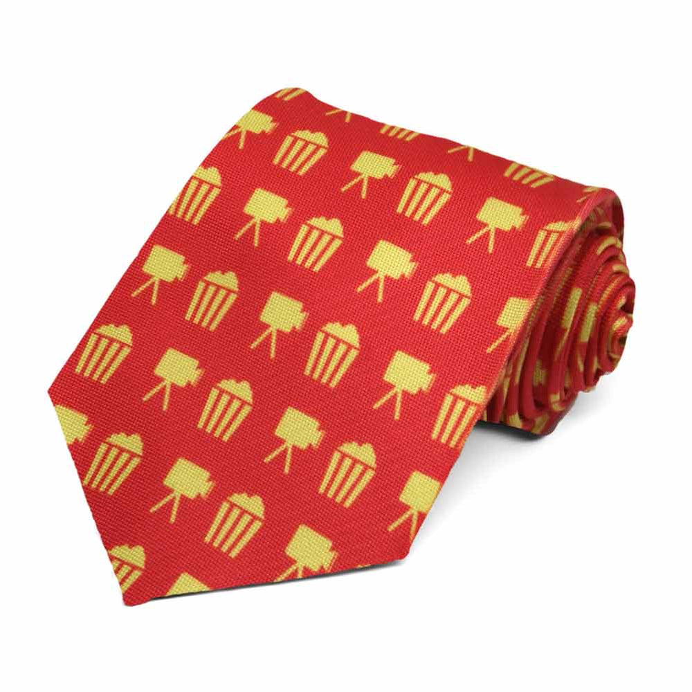 Yellow popcorn buckets on a red tie.