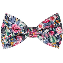 Load image into Gallery viewer, Colorful floral pre-tied men&#39;s bow tie with shades of pink, dusty blue and golden yellow