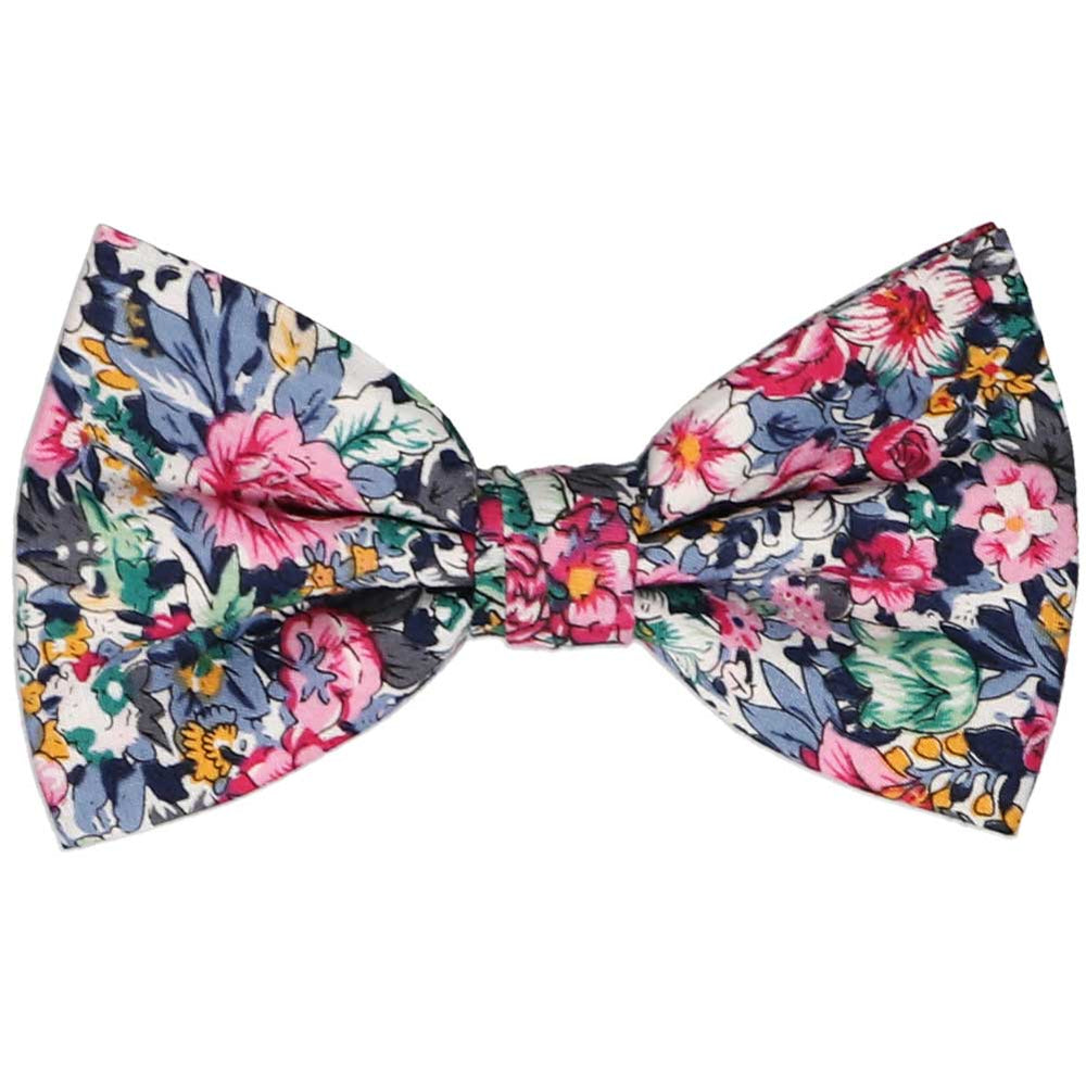Colorful floral pre-tied men's bow tie with shades of pink, dusty blue and golden yellow