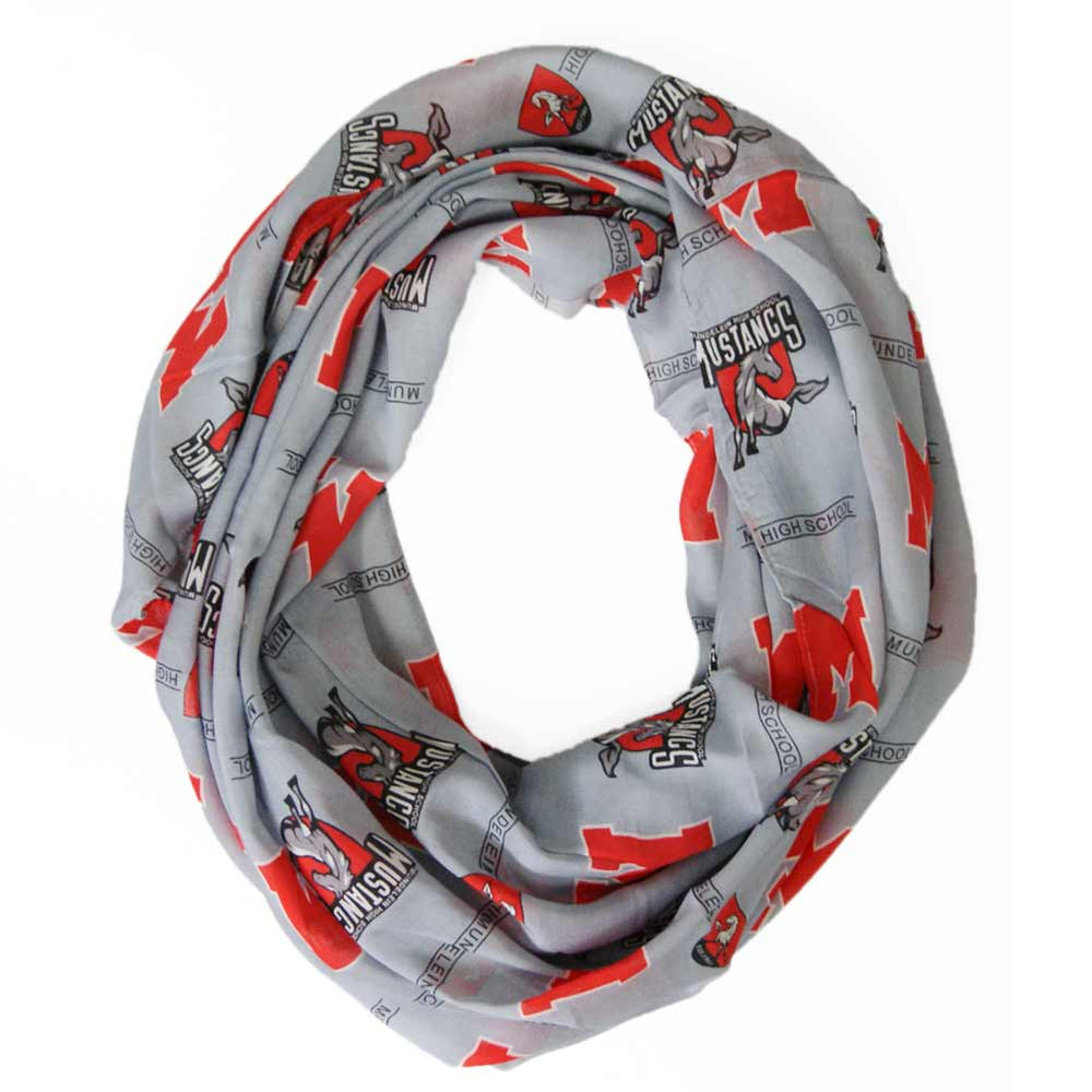 Mundelein High School Mustang red, white and gray theme scarf in gray