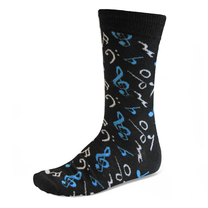 Men's blue and white music note theme socks on black background