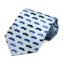 Load image into Gallery viewer, A rolled blue tie covered in a mustache pattern.