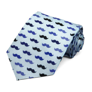 A rolled blue tie covered in a mustache pattern.