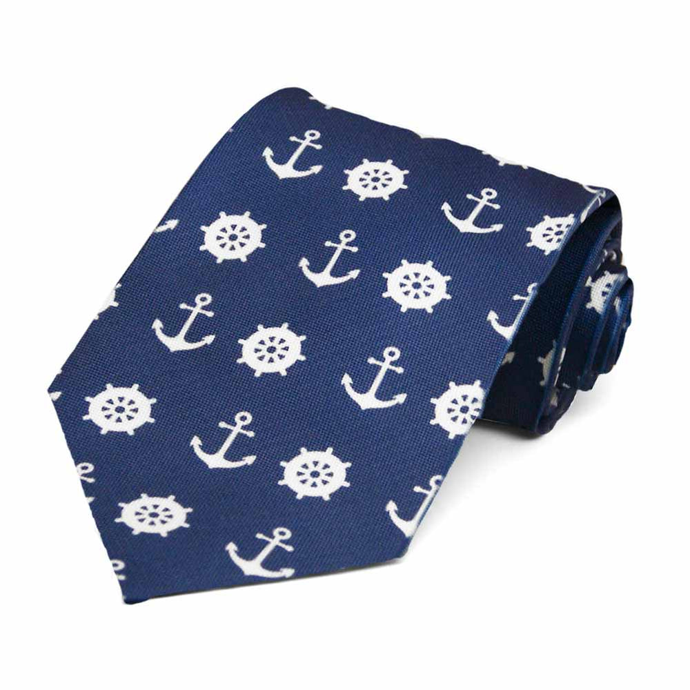 Men's dark blue and white nautical tie with an anchor and ship wheel design