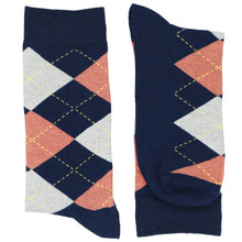 Load image into Gallery viewer, Pair of men&#39;s navy blue and coral argyle socks