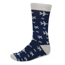 Load image into Gallery viewer, Navy blue socks with gray airplanes flying across the background