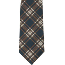 Load image into Gallery viewer, Front view of a brown and navy blue plaid necktie