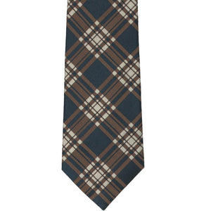 Front view of a brown and navy blue plaid necktie