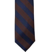 Load image into Gallery viewer, The front of a navy blue and brown striped tie