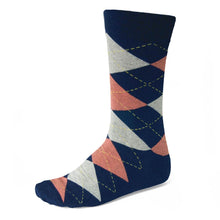 Load image into Gallery viewer, Men&#39;s Navy Blue and Coral Argyle Socks