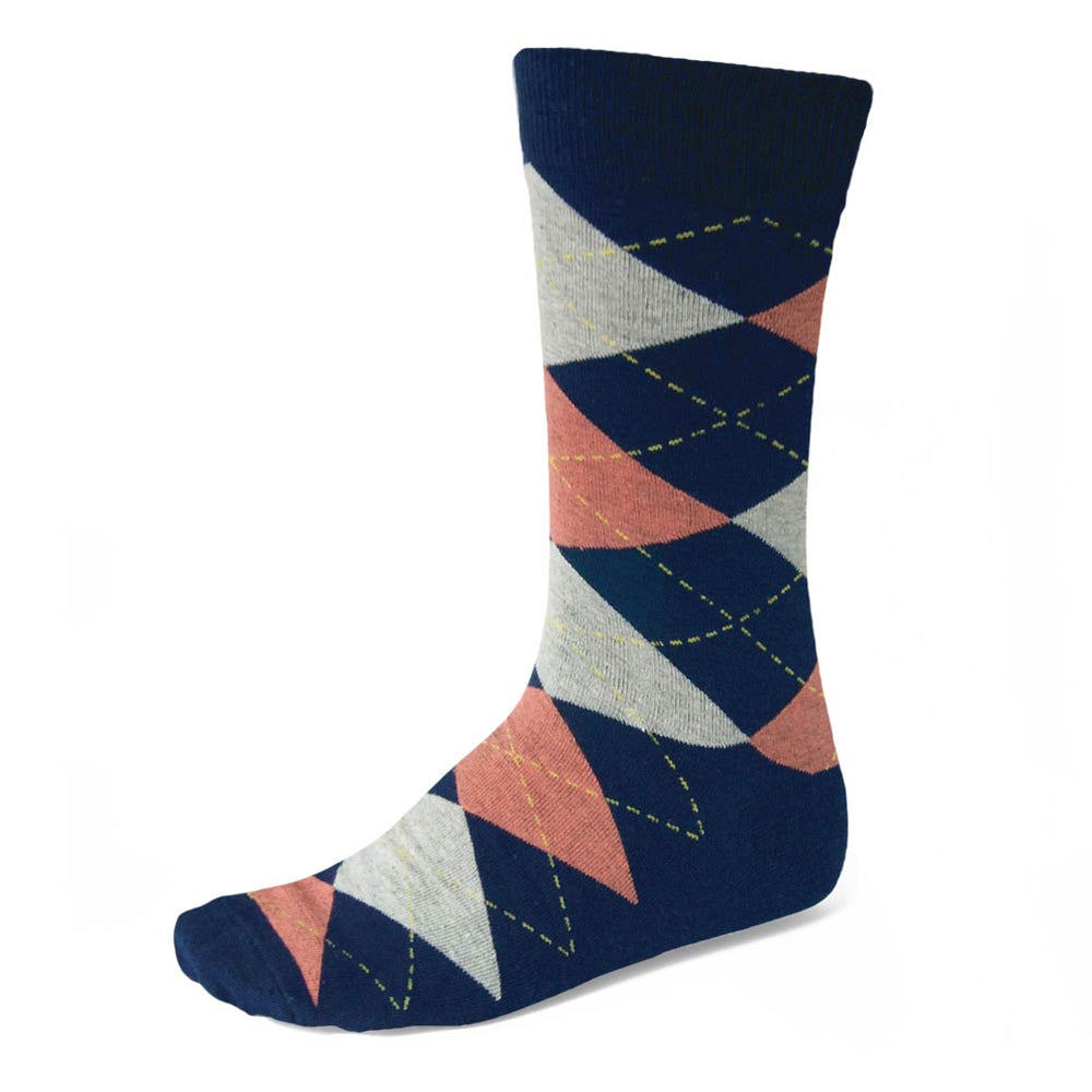 Men's Navy Blue and Coral Argyle Socks