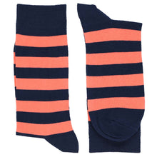 Load image into Gallery viewer, Pair of men&#39;s navy blue and coral striped wedding socks