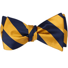 Load image into Gallery viewer, Tied navy blue and gold bar striped self-tie bow tie