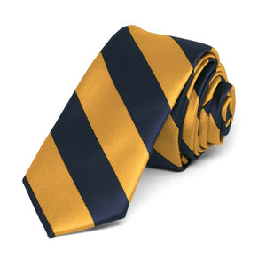 Navy Blue and Gold Bar Striped Skinny Tie, 2" Width