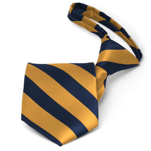 Pre-tied navy blue and gold bar striped zipper tie