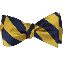 Load image into Gallery viewer, Navy blue and gold striped self-tie bow tie, tied