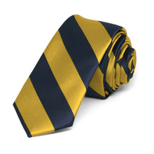 Load image into Gallery viewer, Navy Blue and Gold Striped Skinny Tie, 2&quot; Width