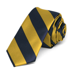 Navy Blue and Gold Striped Skinny Tie, 2" Width