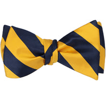 Load image into Gallery viewer, Navy blue and golden yellow striped self-tie bow tie, tied