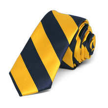 Load image into Gallery viewer, Navy Blue and Golden Yellow Striped Skinny Tie, 2&quot; Width