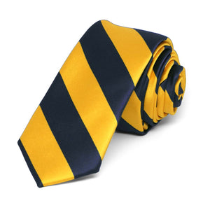 Navy Blue and Golden Yellow Striped Skinny Tie, 2" Width