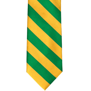 The front of a kelly green and golden yellow striped tie, laid out flat