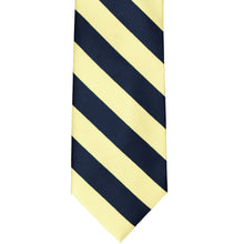 Load image into Gallery viewer, Front flat view of a navy blue and yellow striped tie