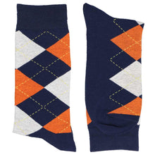 Load image into Gallery viewer, Pair of men&#39;s navy blue and orange argyle socks