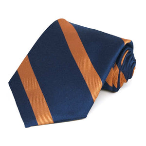 Rolled view of a navy blue and orange striped extra long necktie