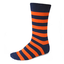 Load image into Gallery viewer, Men&#39;s navy blue and orange striped dress socks