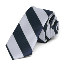 Load image into Gallery viewer, Navy Blue and Silver Striped Skinny Tie, 2&quot; Width