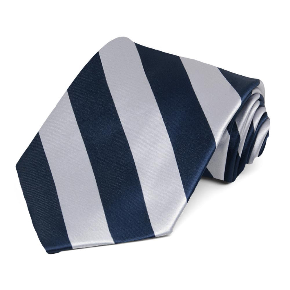 Navy Blue and Silver Extra Long Striped Tie