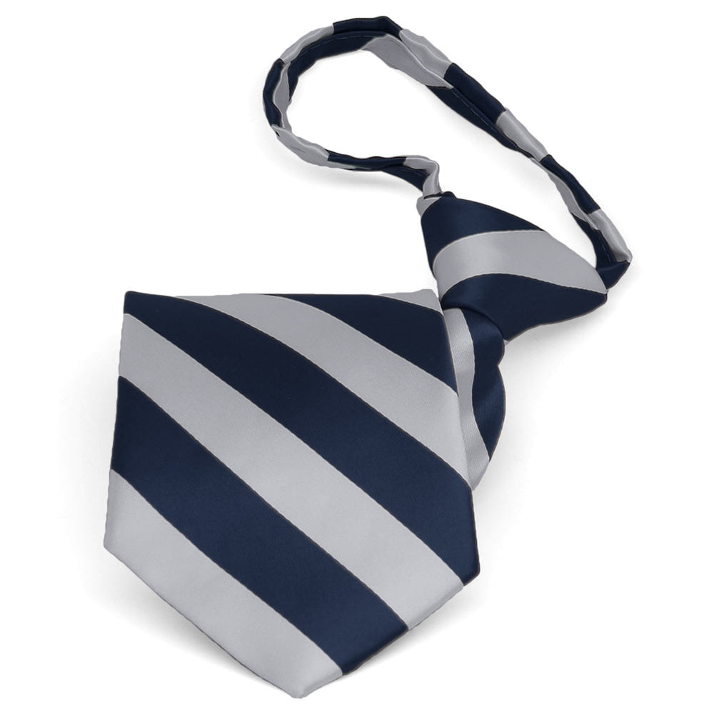 Pre-tied navy blue and silver striped zipper tie