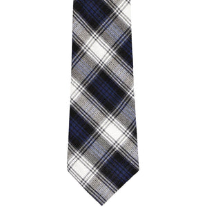 The front of a navy blue and white plaid tie
