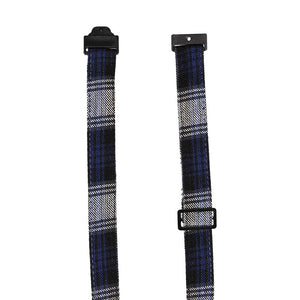 The neck band on a navy blue and white plaid breakaway tie
