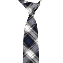 Load image into Gallery viewer, The knot and top of a pre-tied navy blue and white plaid tie