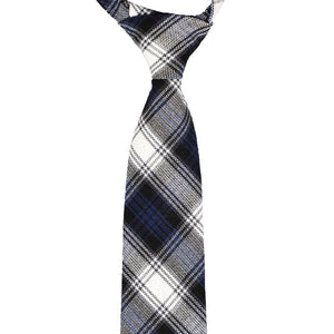 The knot and top of a pre-tied navy blue and white plaid tie