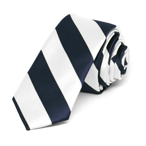 Navy Blue and White Striped Skinny Tie, 2" Width