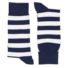 Load image into Gallery viewer, Pair of men&#39;s navy blue and white horizontally striped dress socks