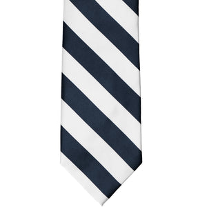 Front view of a navy blue and white striped tie
